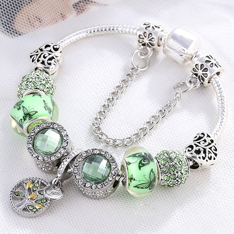 Sterling Silver Bracelet with Green Crystal Accent