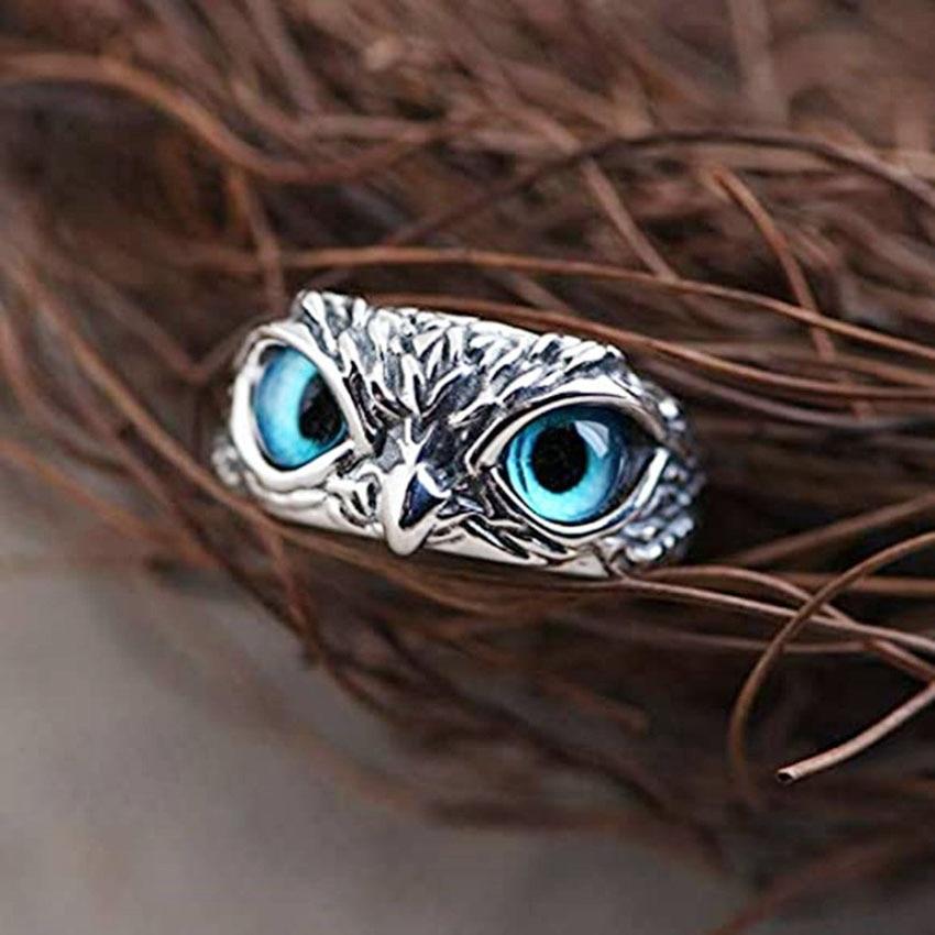 Adjustable Silver Owl Ring with Opal — Symbol of Good Luck